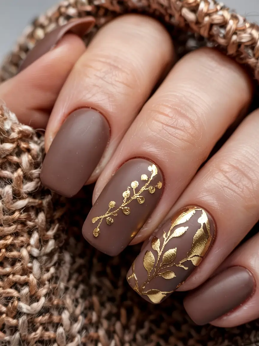 fall nail designs 2025 Matte Mocha with Golden Botanicals