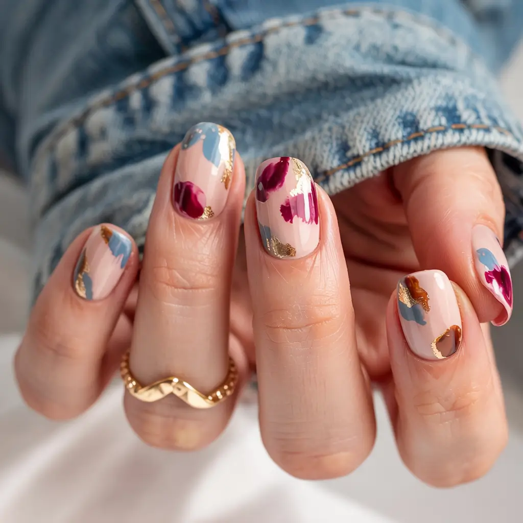 fall nail designs 2025 Painterly Brushstrokes with Gold Accents