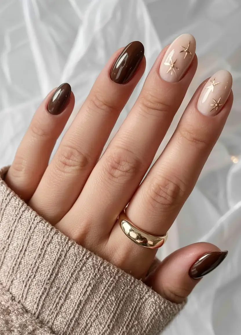 fall nail designs 2025 Chocolate & Cream with Starbursts