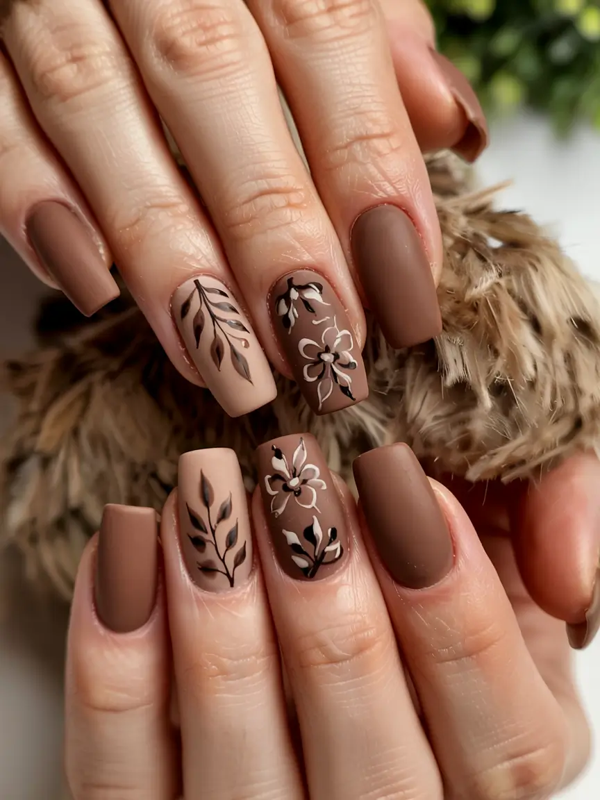 fall nail designs 2025 Matte Mocha with Hand-Painted Florals