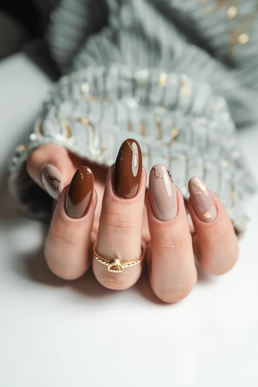 fall nail designs 2025 Gloss and Taupe Marble Accents