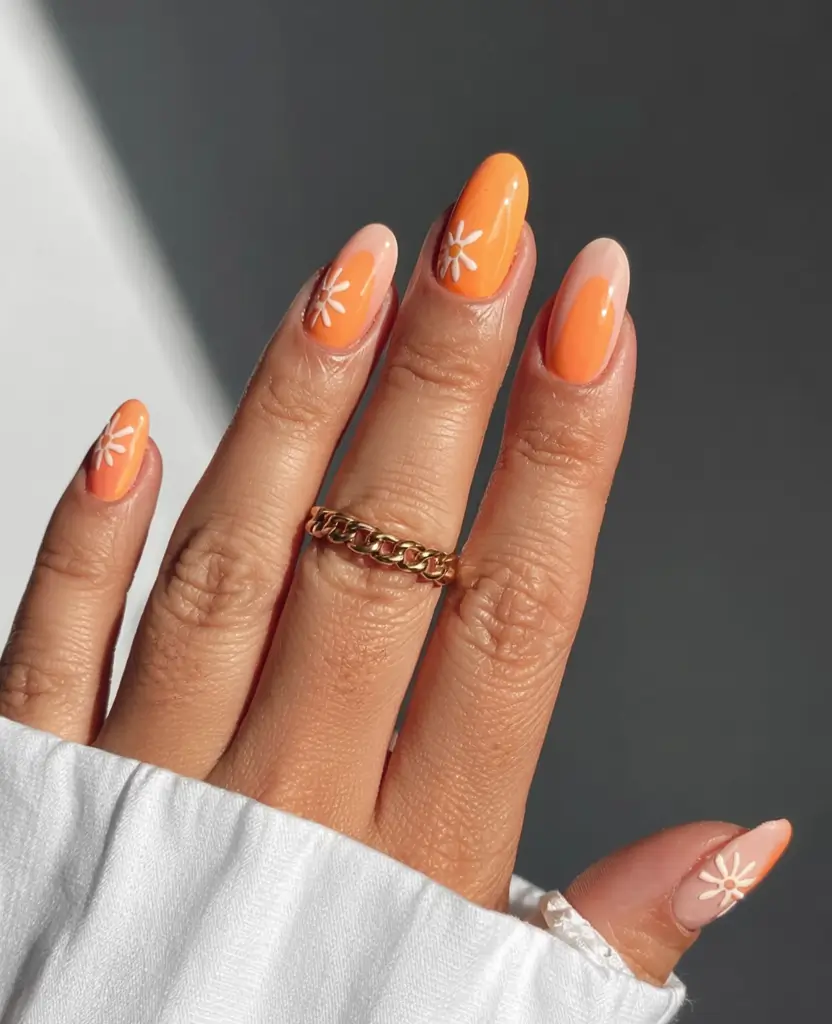 fall nail designs 2025 Bold Pumpkin with Daisy Details