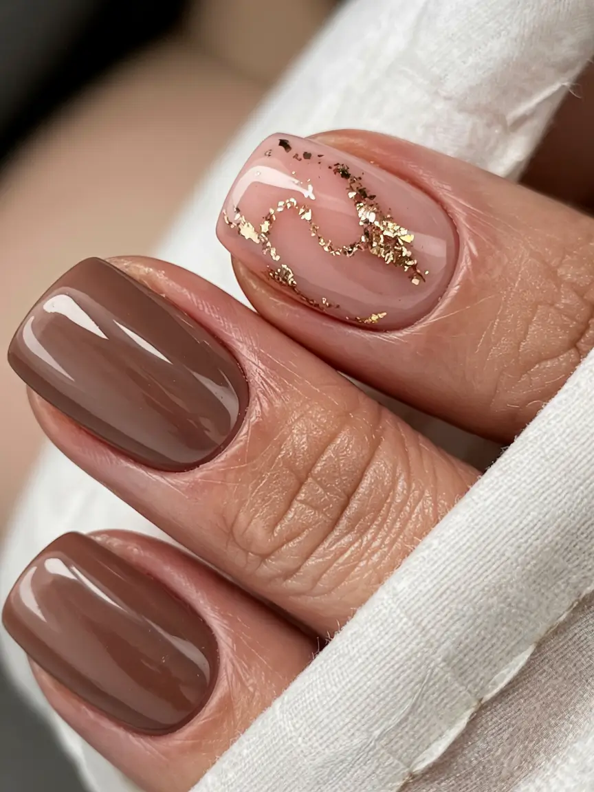 fall nail designs 2025 Short Cocoa with Gold Wave Accent