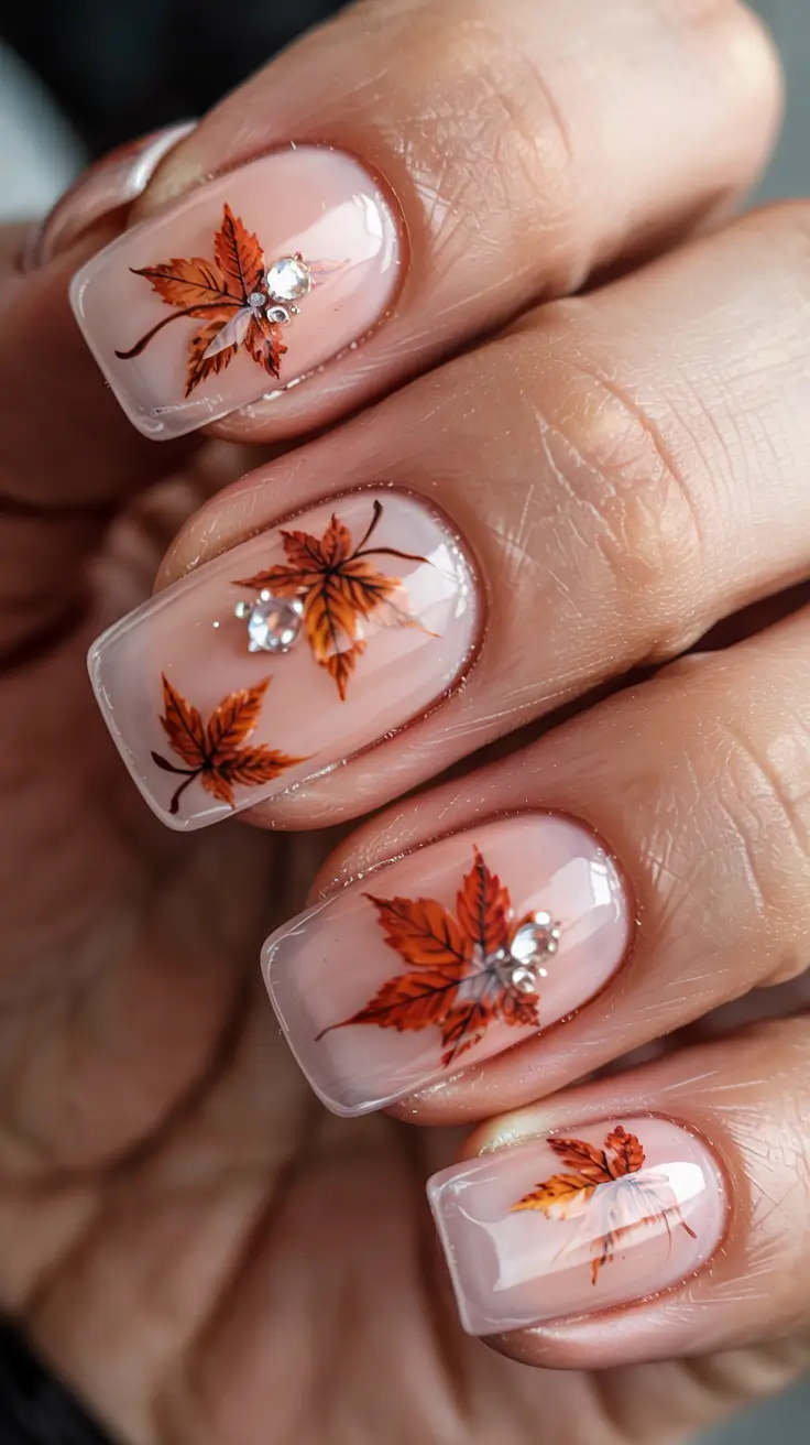 fall nail designs 2025 Crystal-Leaf Charm on Nude Canvas