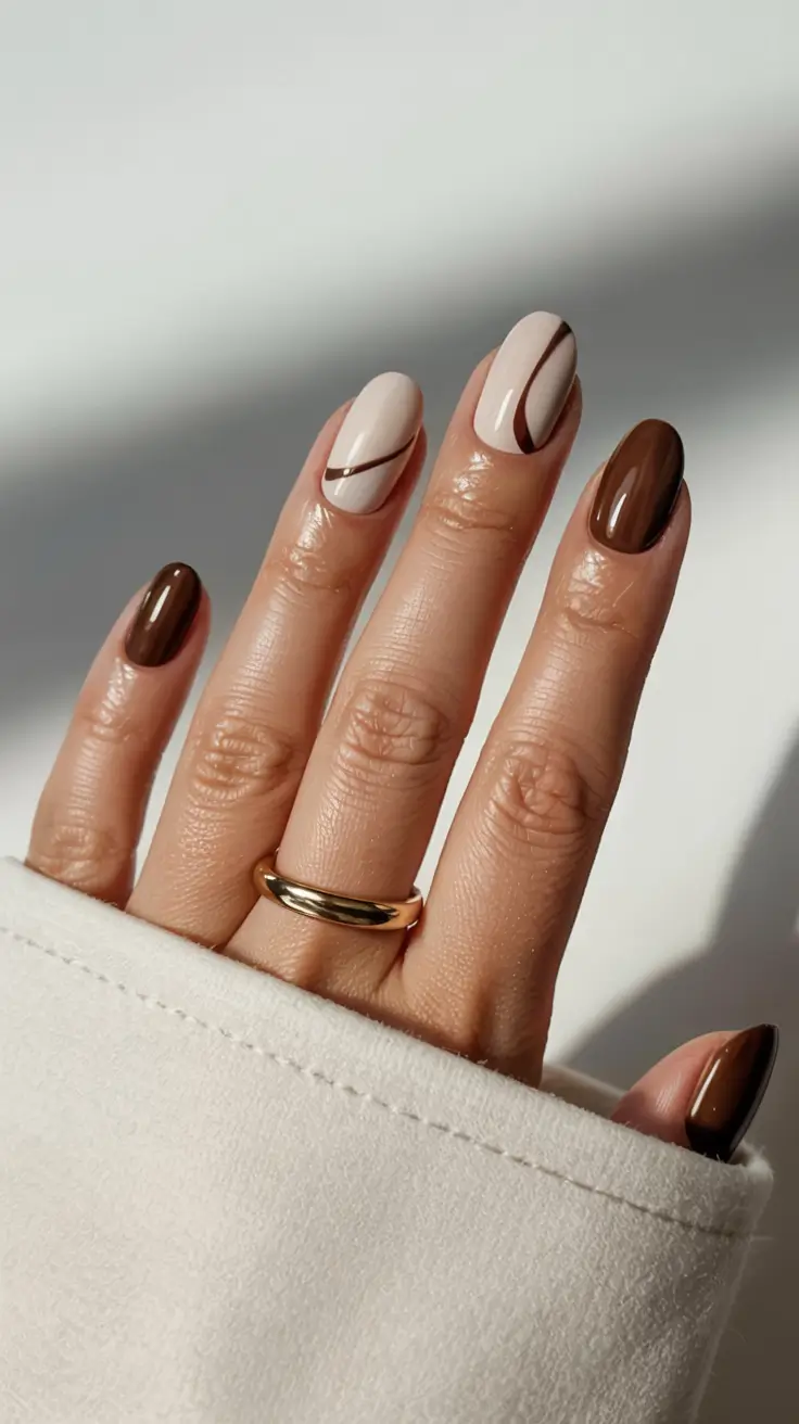 fall nail designs 2025 Cream and Cocoa with Fine Line Detailing