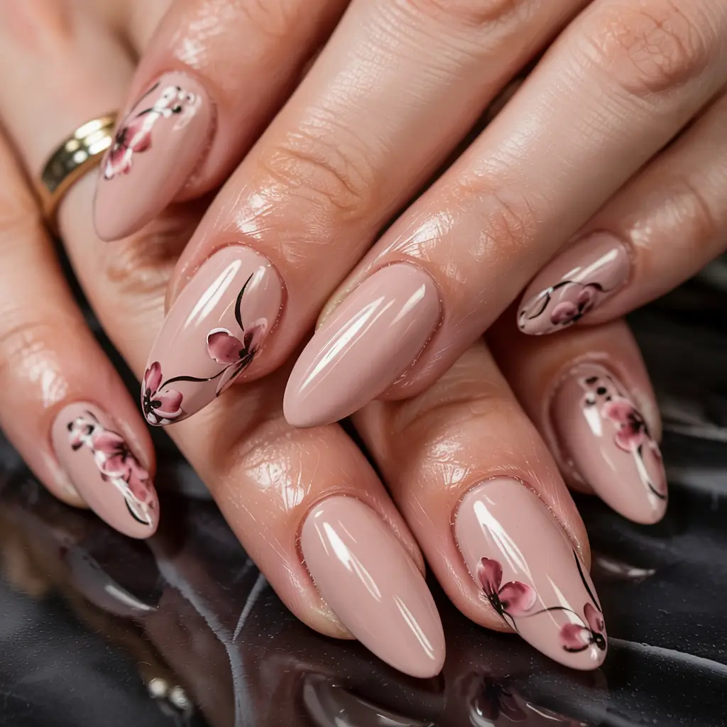 fall nail designs 2025 Soft Nude Elegance with Autumn Florals