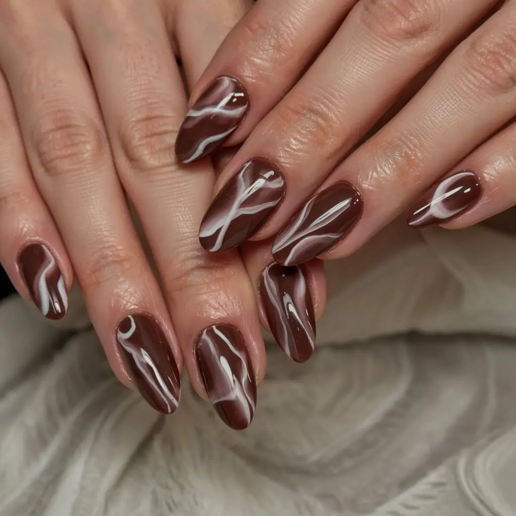 fall nail designs 2025 Mocha Marble Waves