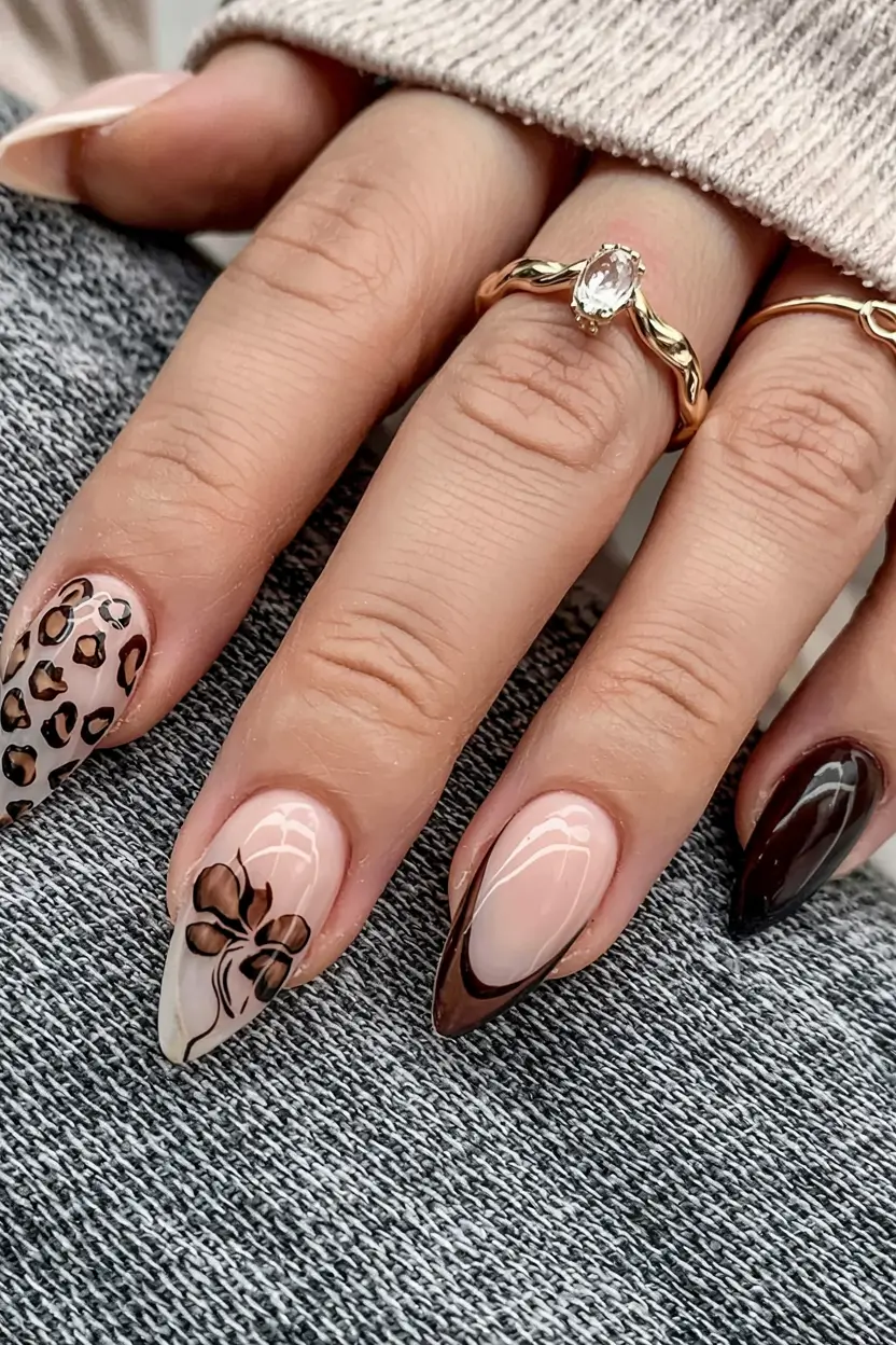 fall nail designs 2025 Wild Elegance: Leopard Meets Floral