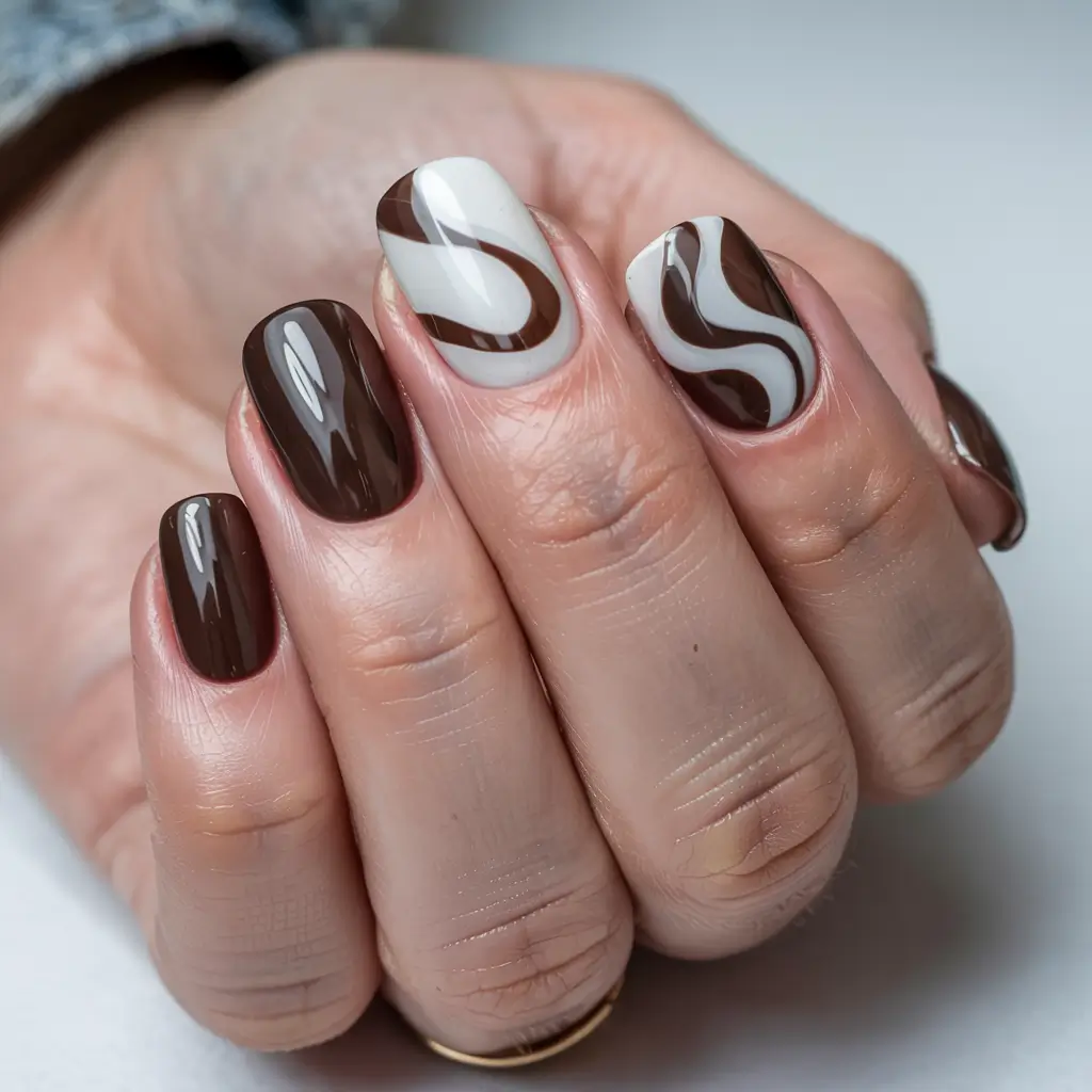 fall nail designs 2025 Retro Brown and Cream Swirls