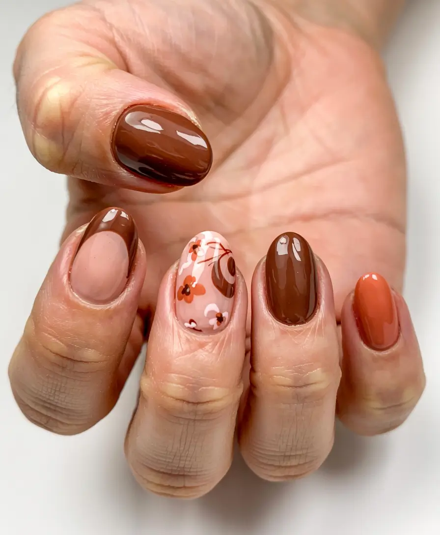 fall nail designs 2025 Retro Florals and Warm Browns