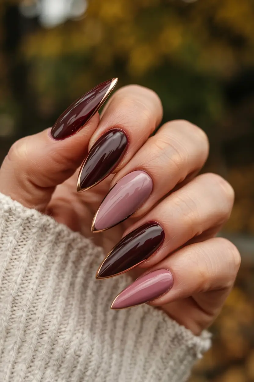 fall nails for black girl ideas 2025 Plum Mauve Gold-Edged Drama
