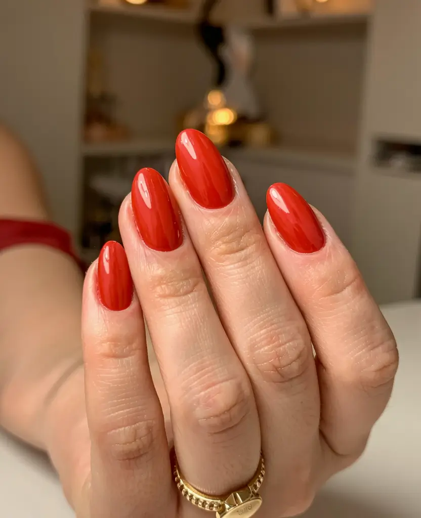 fall nails oval shape 2025 Burning Red for Crisp Days
