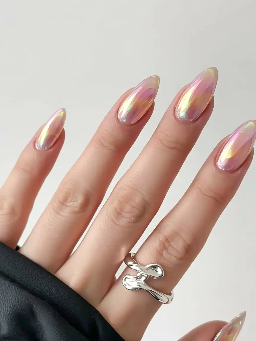 fall nails oval shape 2025 Opalescent Chrome: The Unicorn Effect