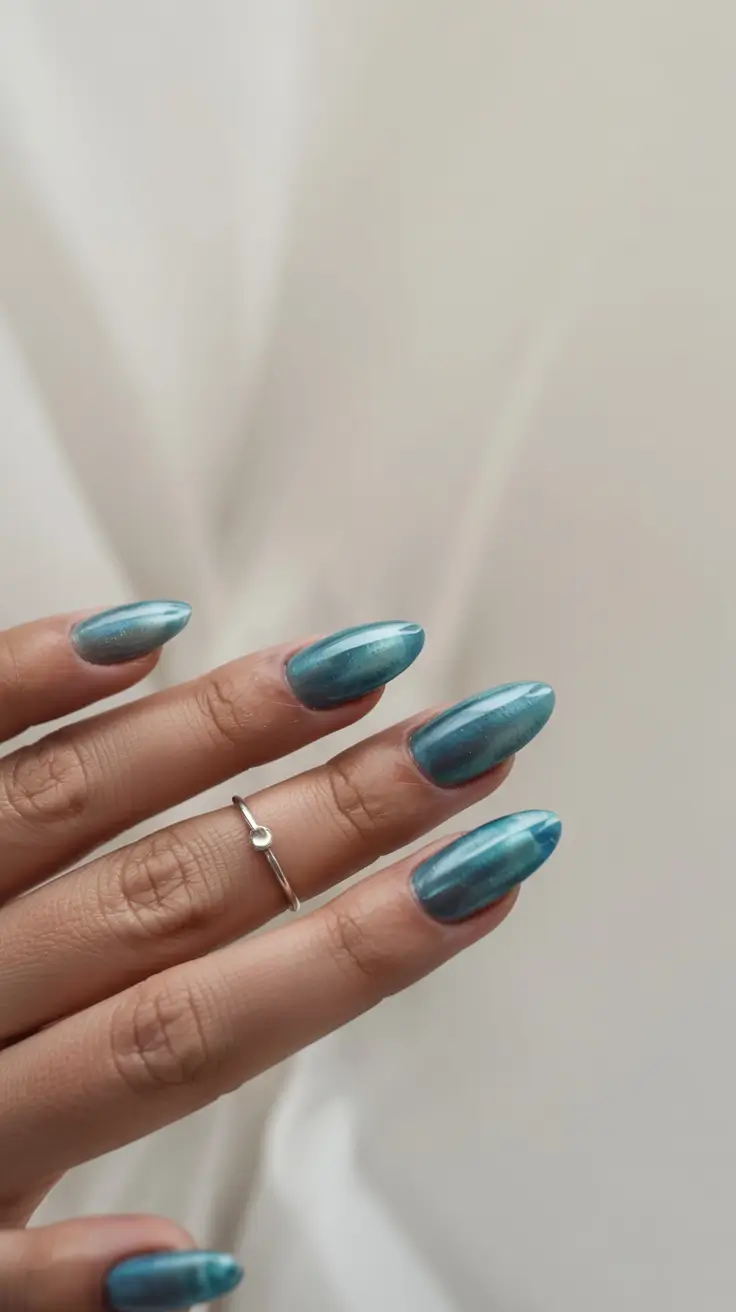 fall nails oval shape 2025 Ocean Teal Satin