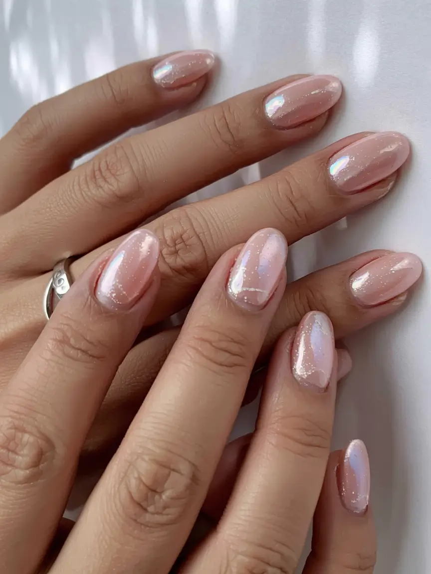 fall nails oval shape 2025 Iridescent Vanilla Blush
