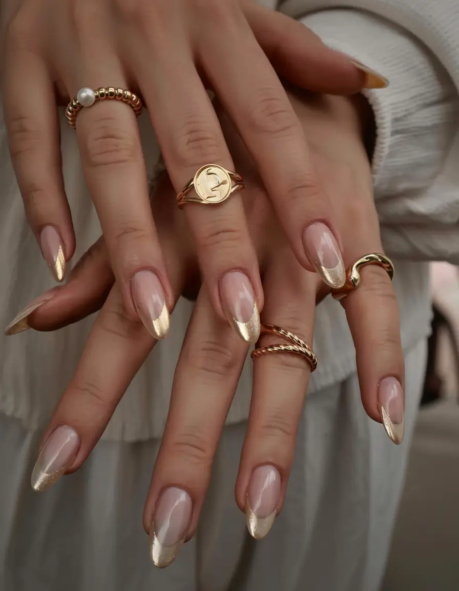 fall nails oval shape 2025 Gilded French: Gold-Tipped Luxe