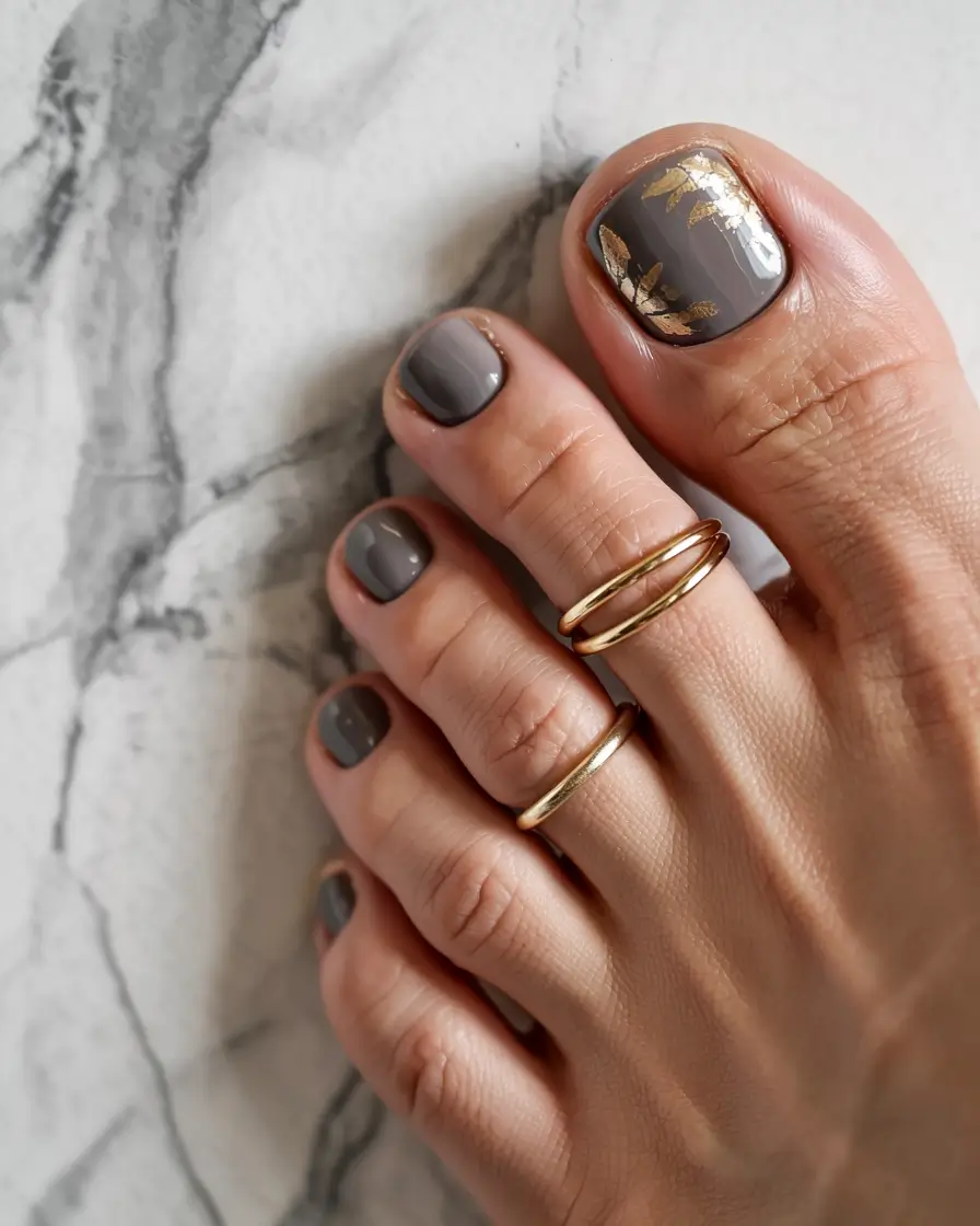 fall pedicure colors 2025 Smoky Taupe with Golden Leaf Accents