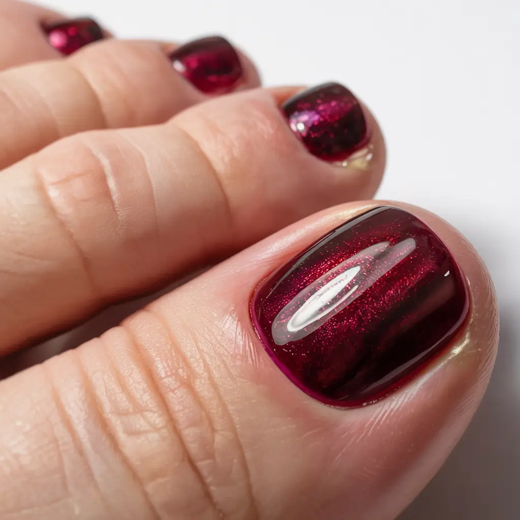 fall pedicure colors 2025 Burgundy Cat-Eye Glow