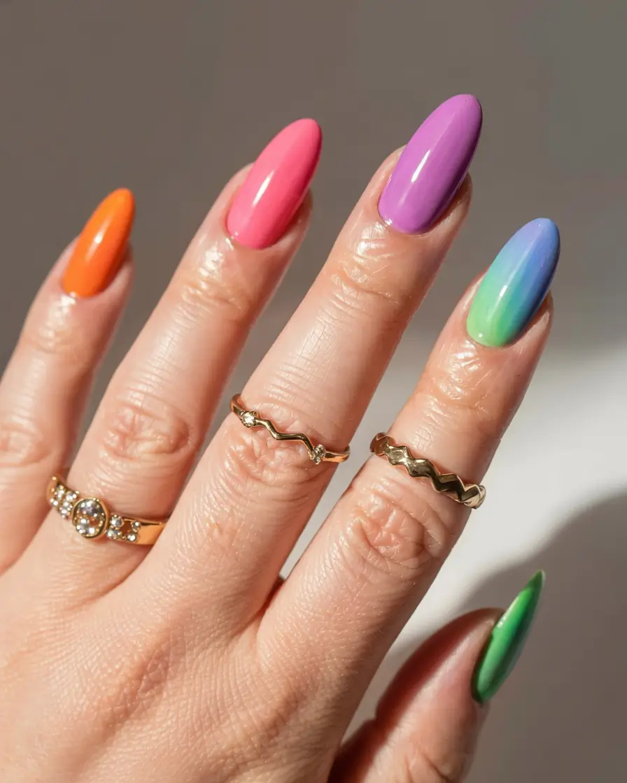 fall rainbow nails ideas 2025 Bold Color Pop Almonds