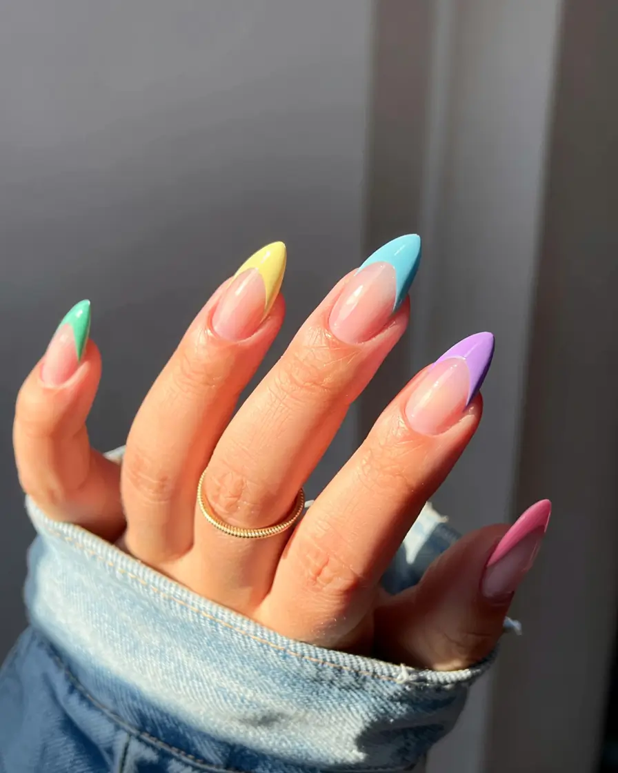 fall rainbow nails ideas 2025 Candy-Tipped Pastel French