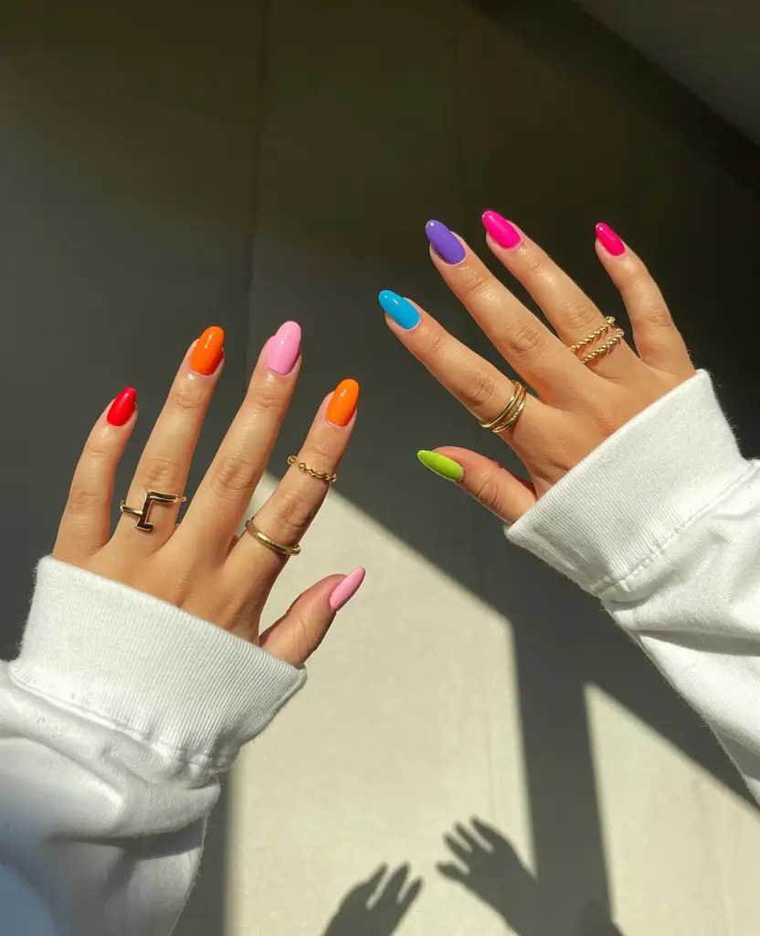 fall rainbow nails ideas 2025 High-Gloss Skittle Nails