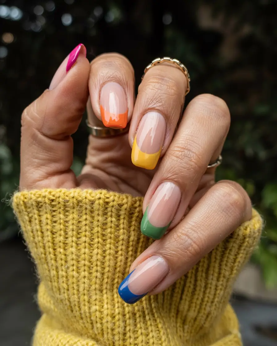fall rainbow nails ideas 2025 Rainbow Square French
