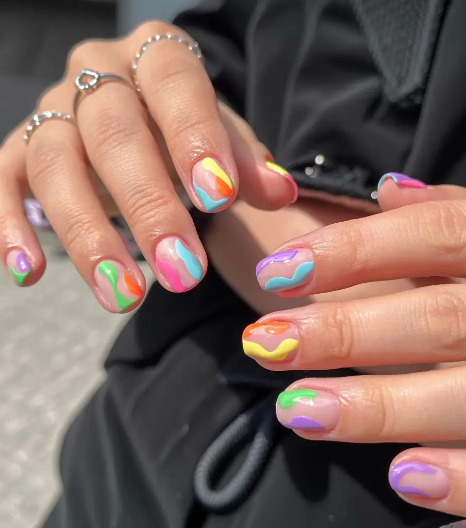 fall rainbow nails ideas 2025 Playful Rainbow Scribbles