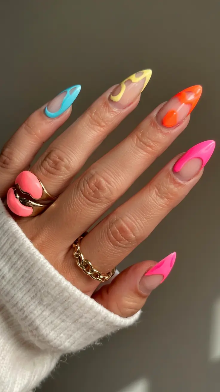 fall rainbow nails ideas 2025 Neon Rainbow Contour Tips