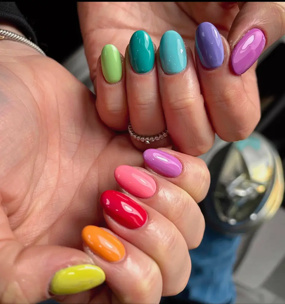 fall rainbow nails ideas 2025 Glossy Rainbow Skittles