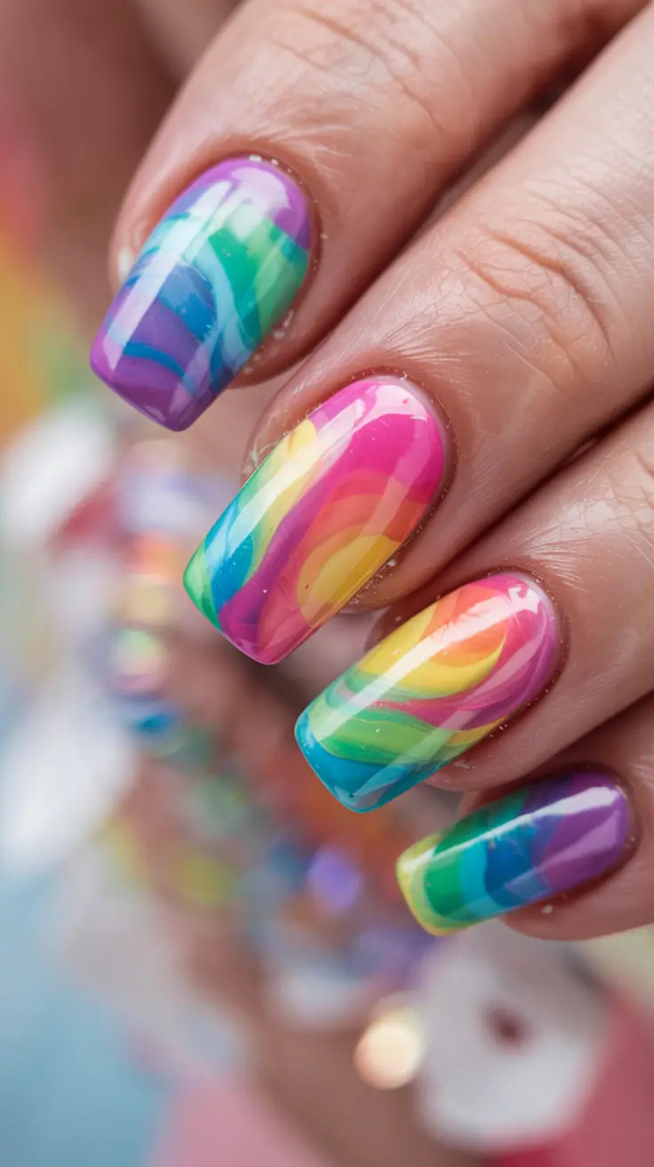 fall rainbow nails ideas 2025 Rainbow Marble Magic