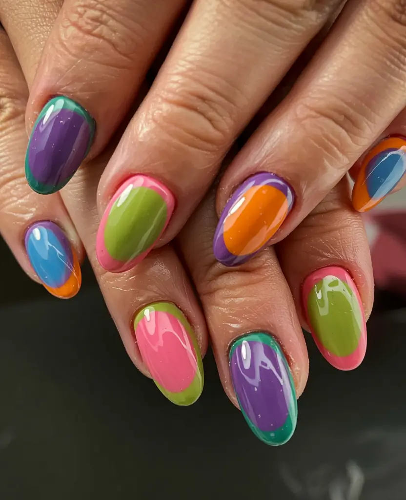 fall rainbow nails ideas 2025 Color-Blocked Rainbow Ovals