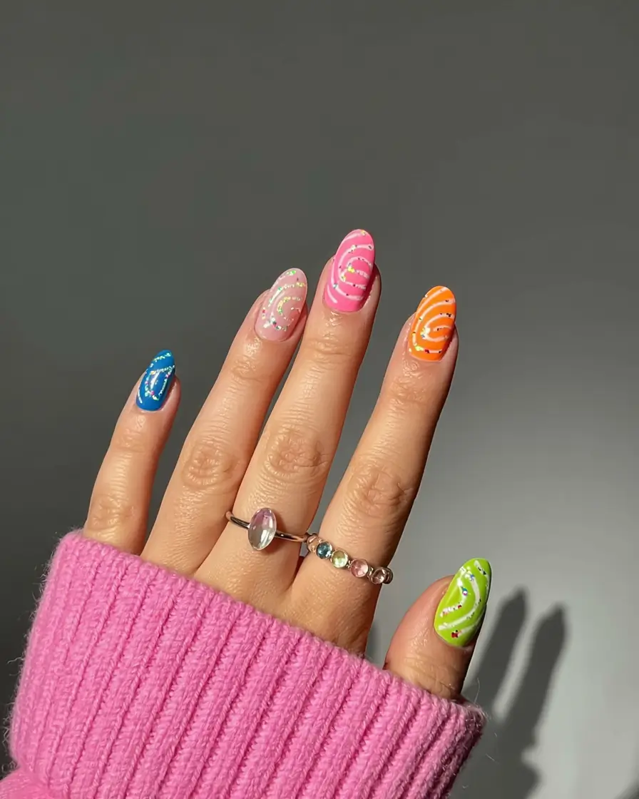 fall rainbow nails ideas 2025 Neon Rainbow Spiral Accents