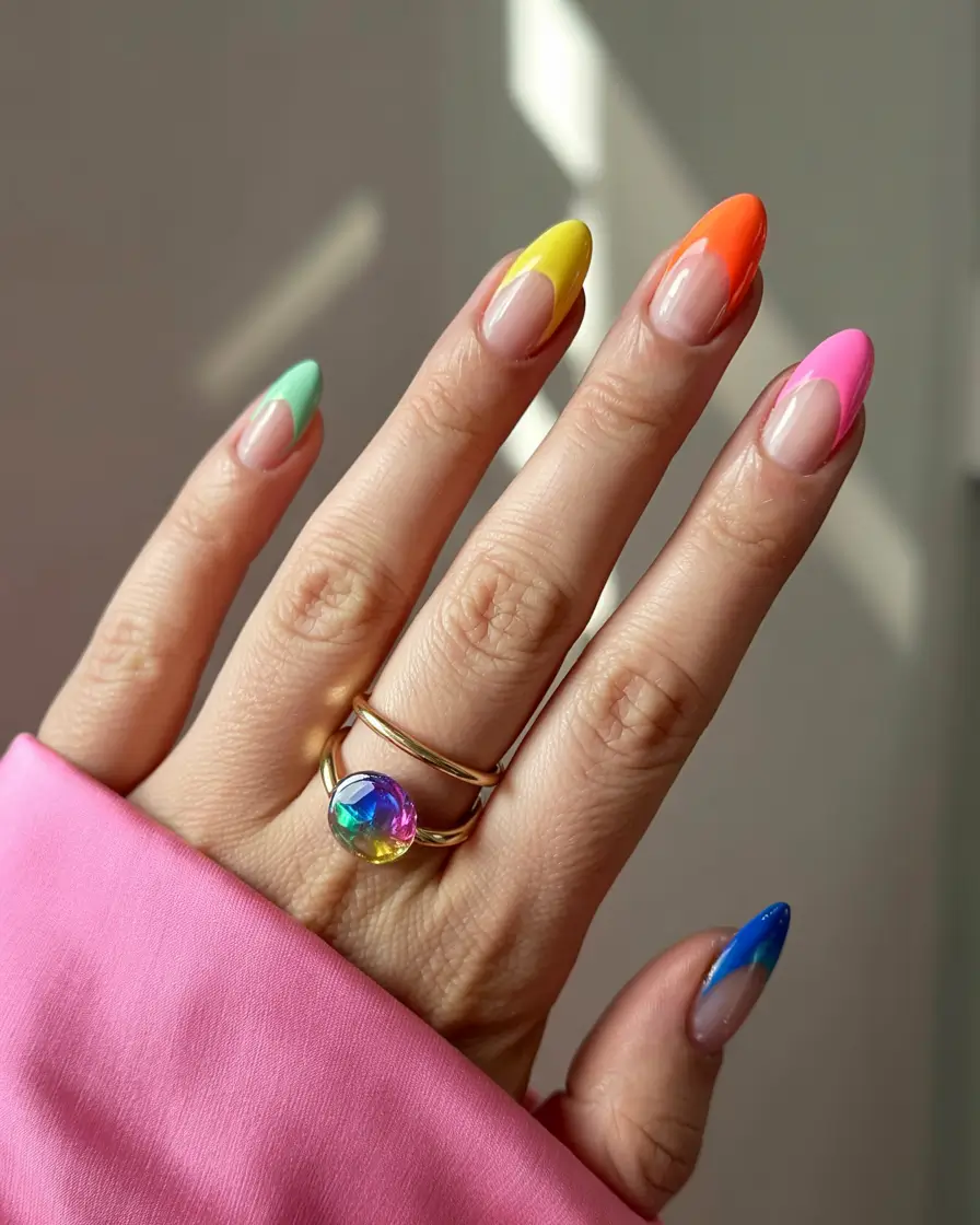 fall rainbow nails ideas 2025 Color-Blocked Rainbow Tips
