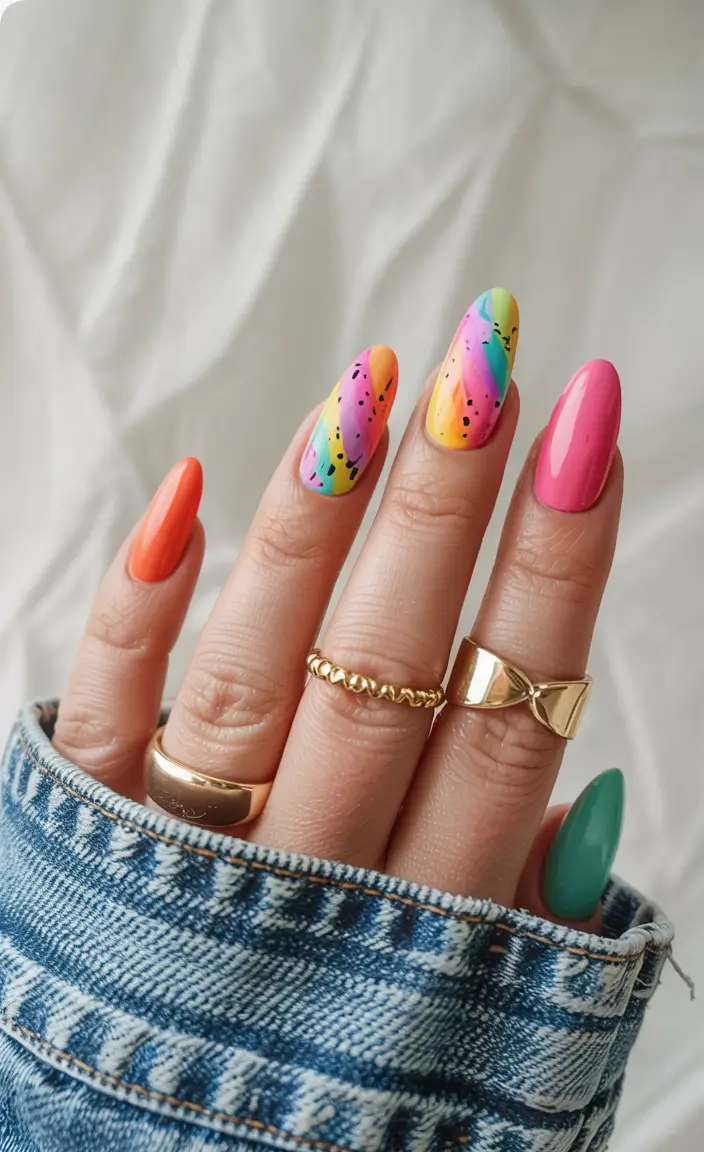 fall rainbow nails ideas 2025 Rainbow Confetti Waves