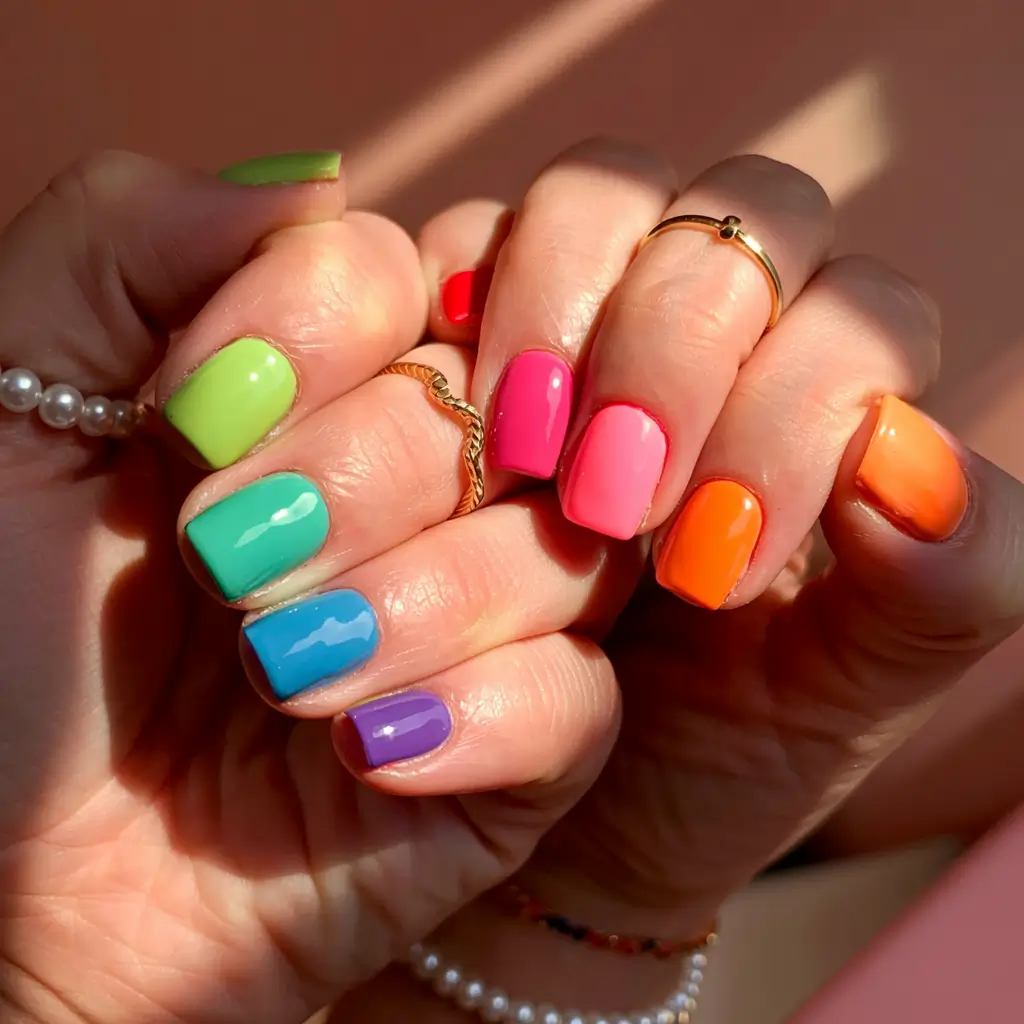 fall rainbow nails ideas 2025 Rainbow Skittle Nails