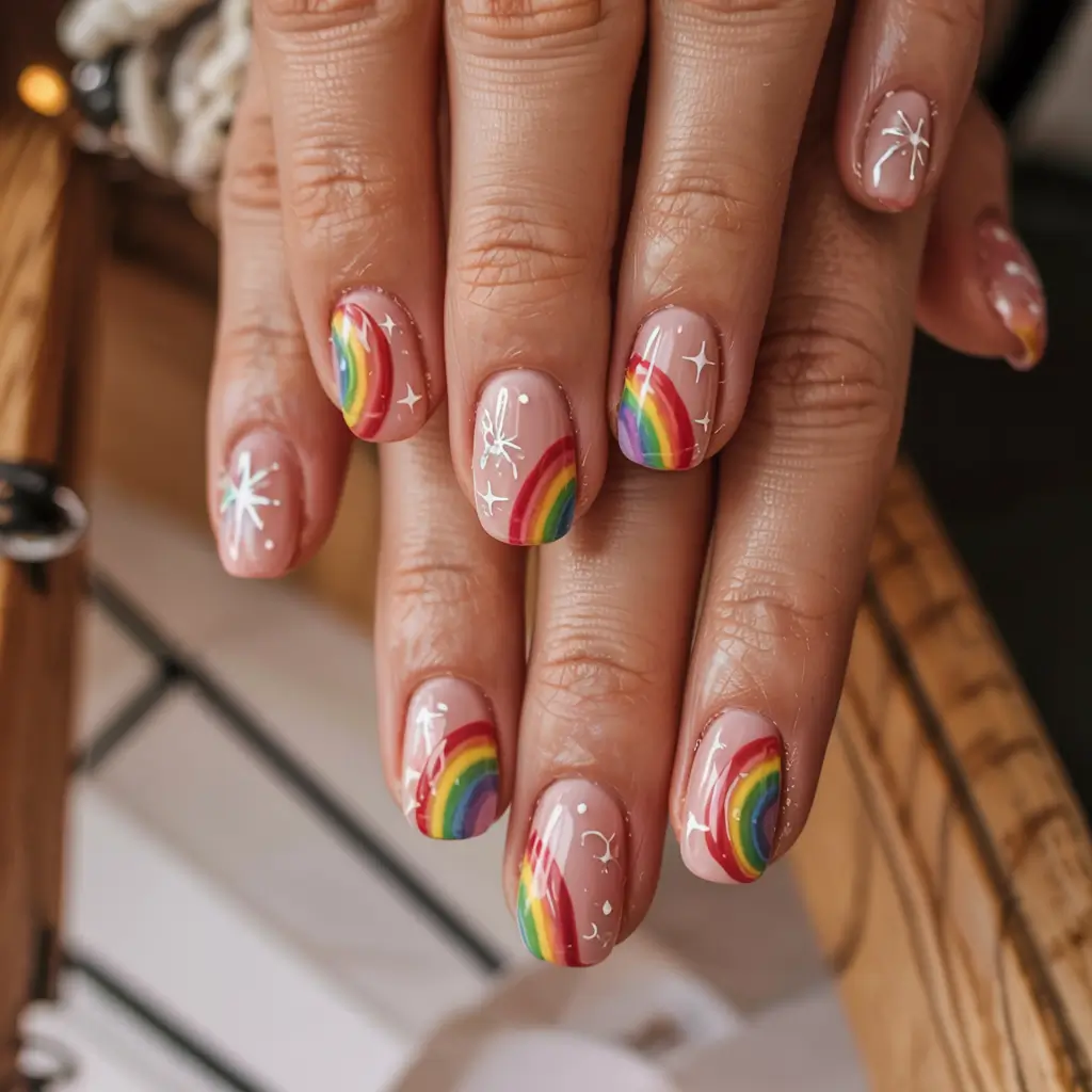 fall rainbow nails ideas 2025 Magical Rainbow Spark Bursts
