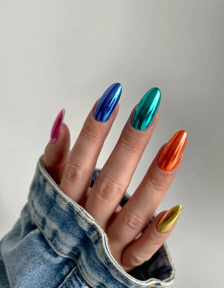 fall rainbow nails ideas 2025 Chrome Rainbow Shine