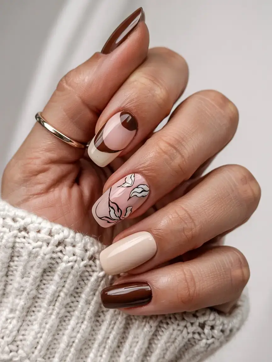 fall season nails ideas 2025 Modern Mocha Florals