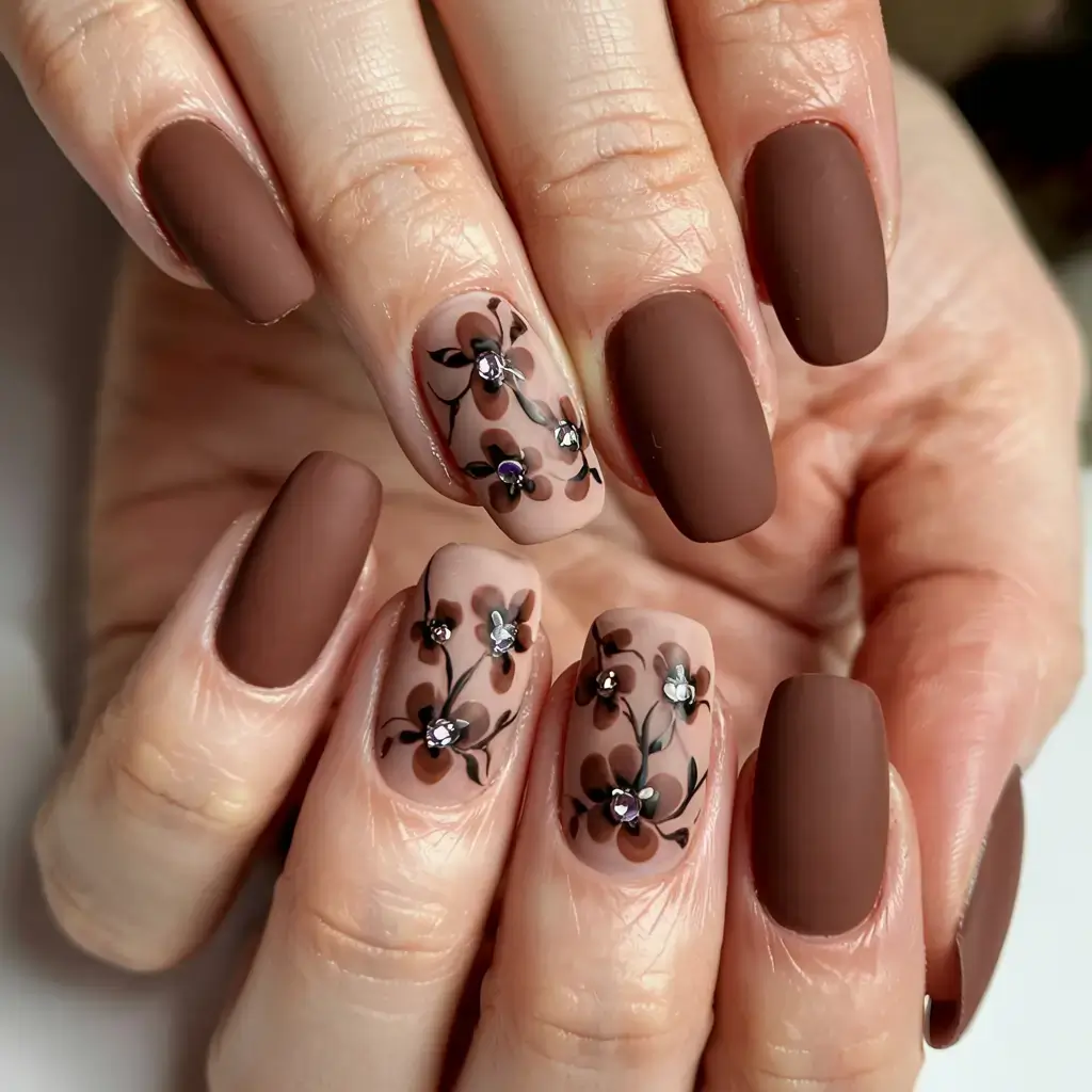 fall season nails ideas 2025 Matte Mocha Garden