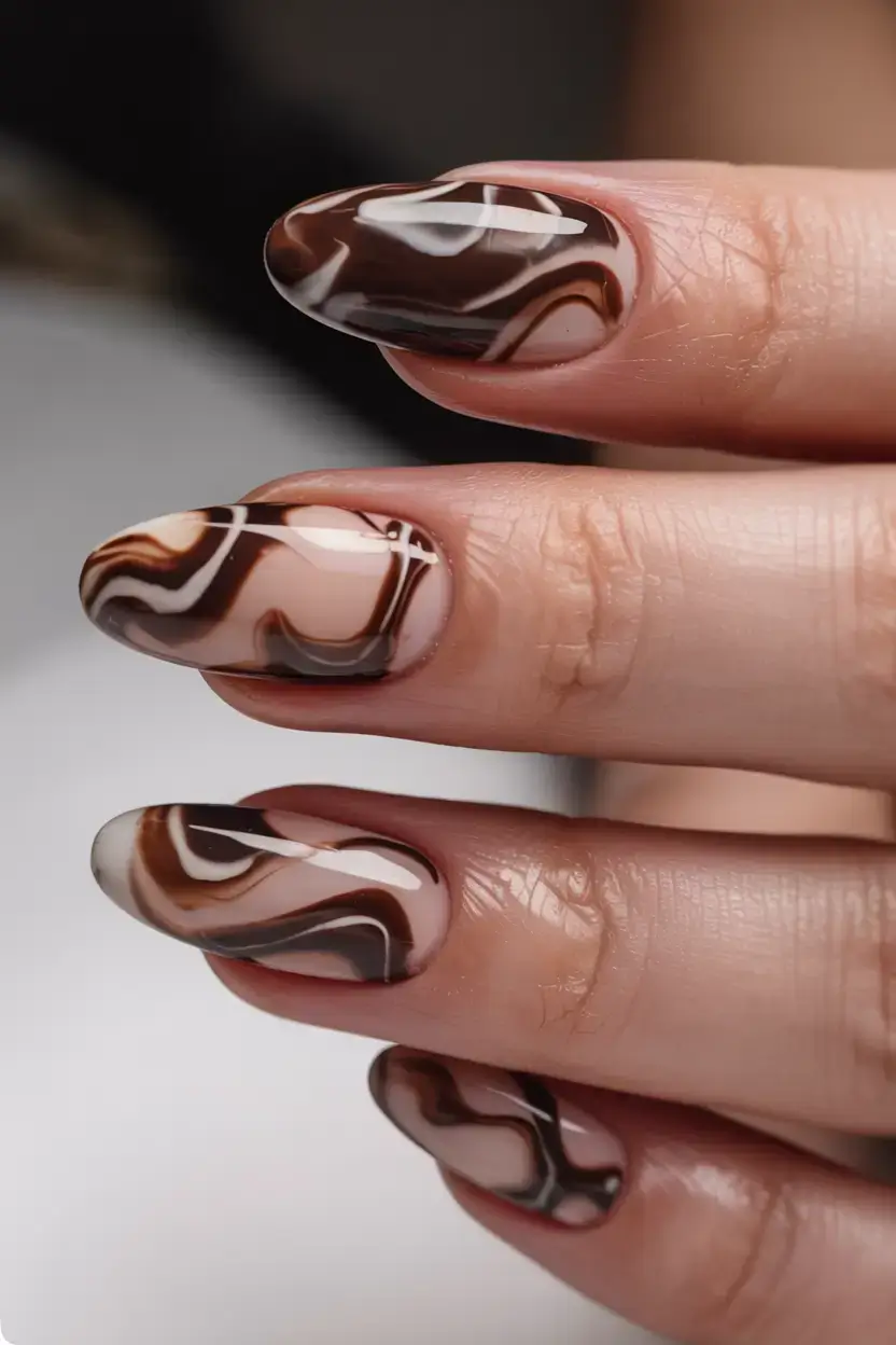 fall season nails ideas 2025 Chocolate Marble Swirl