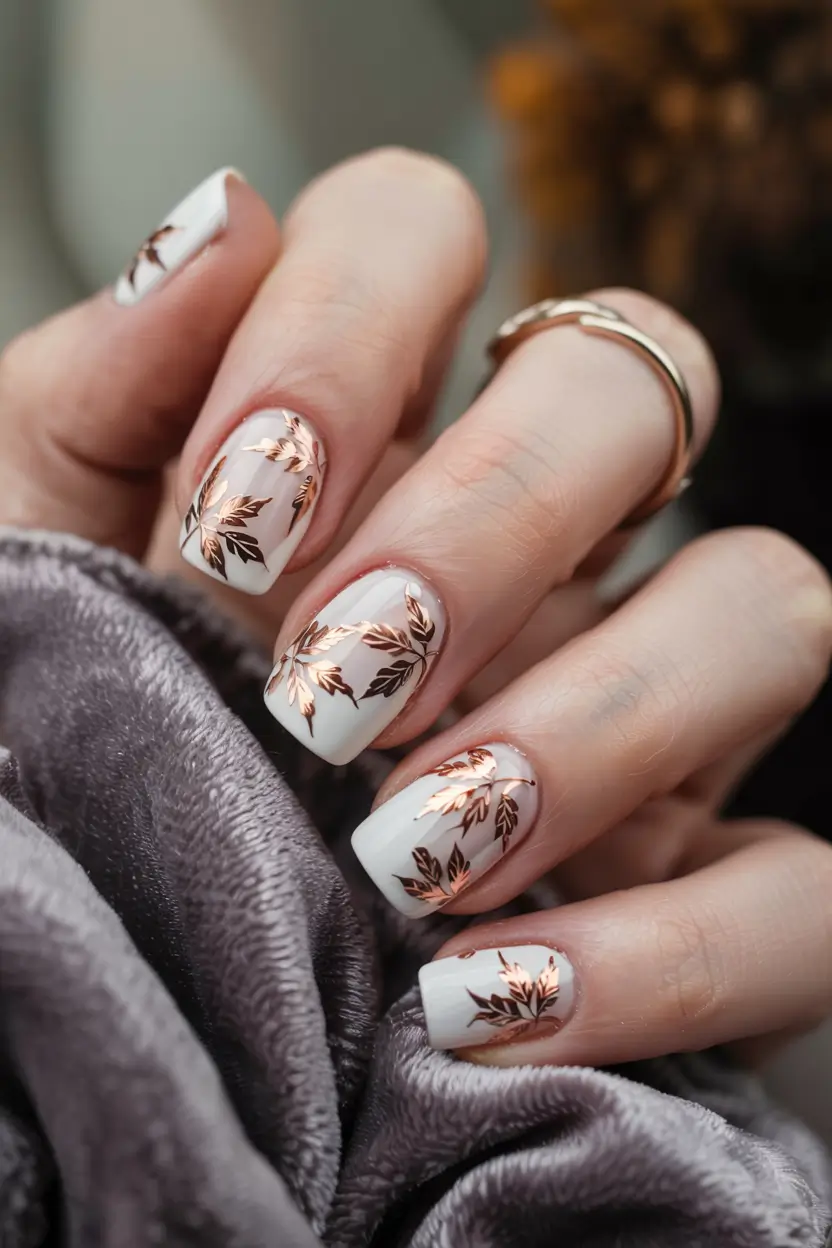 fall square nails 2025 Golden Leaves on Frosted White