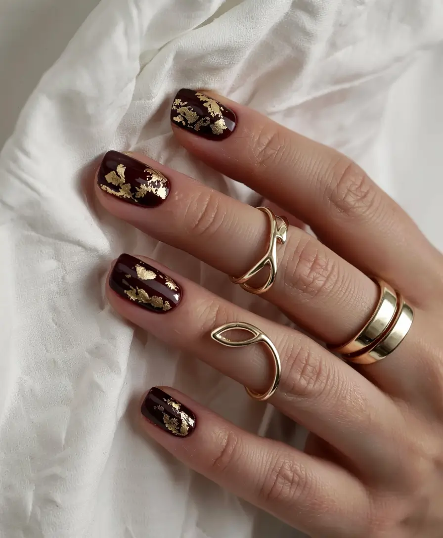 fall square nails 2025 Rich Burgundy with Gold Leaf