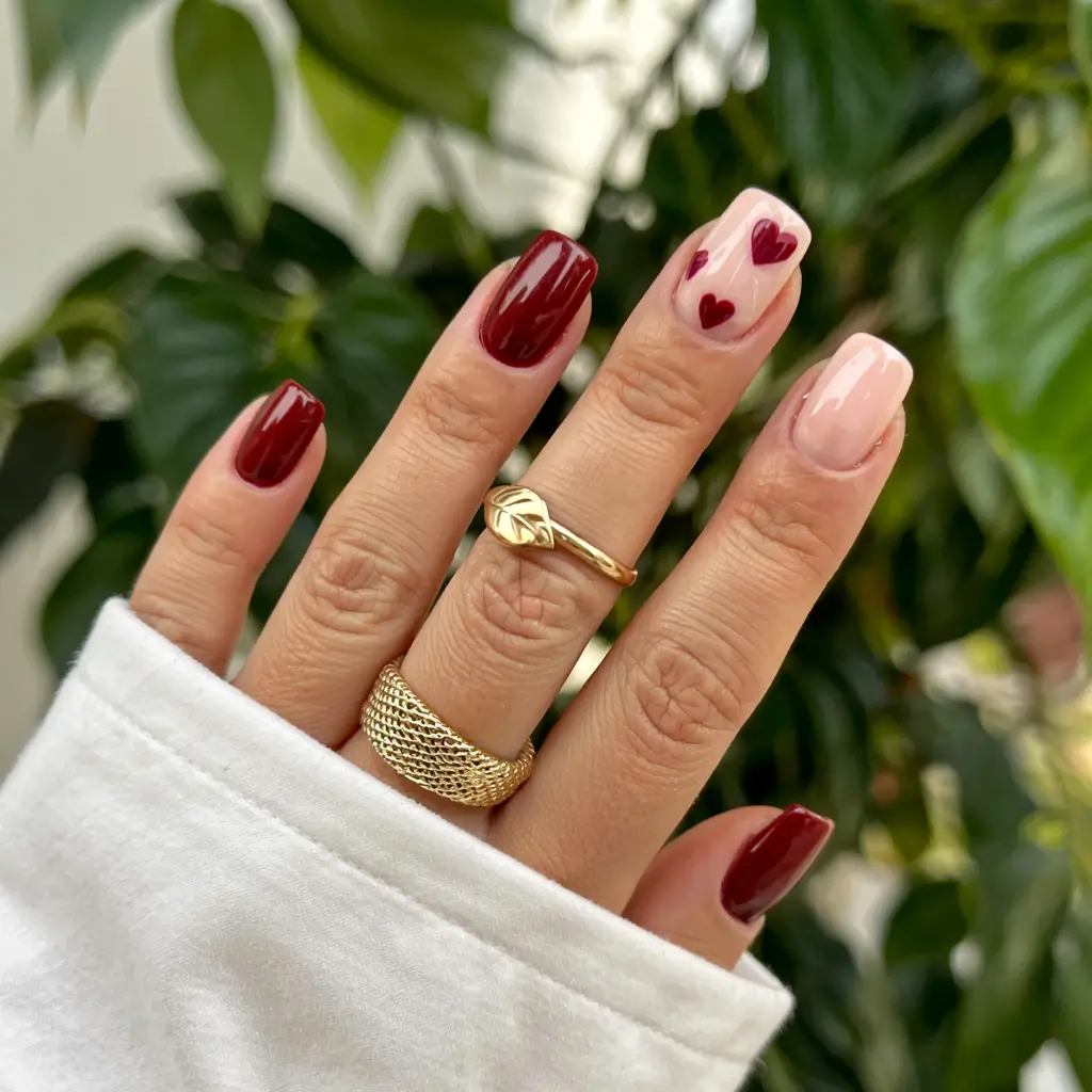 fall square nails 2025 Romantic Burgundy Hearts