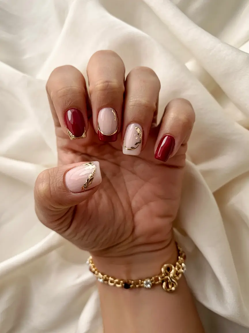 fall square nails 2025 Golden-Edged Burgundy