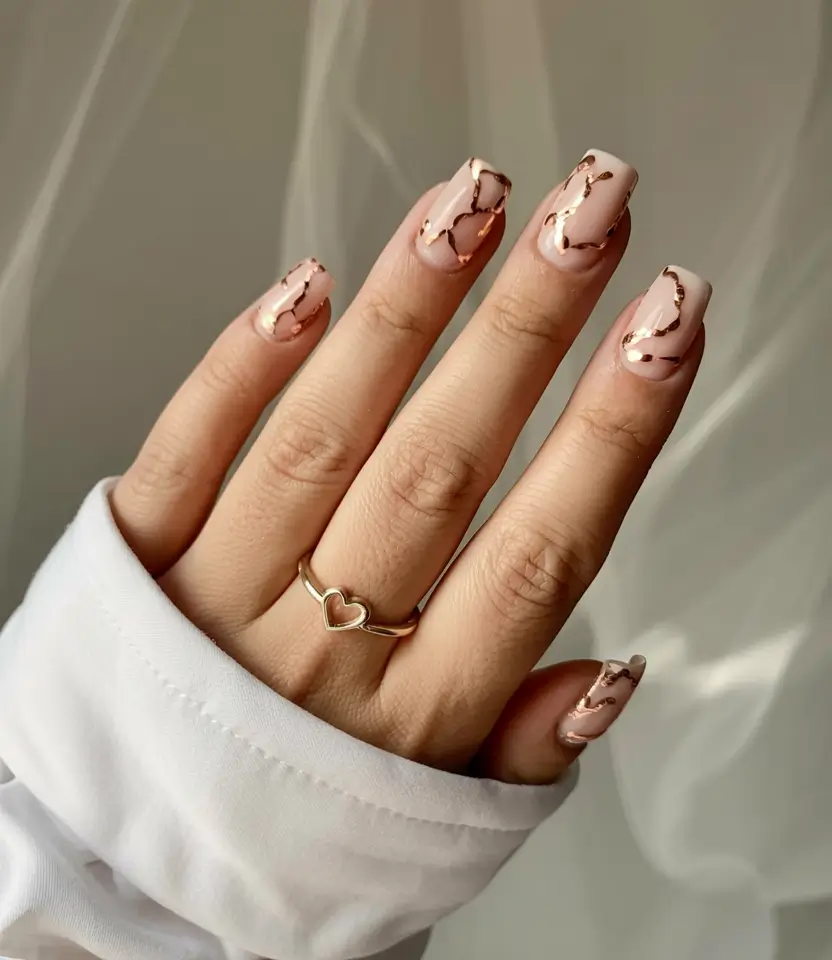 fall square nails 2025 Golden Marble Glow
