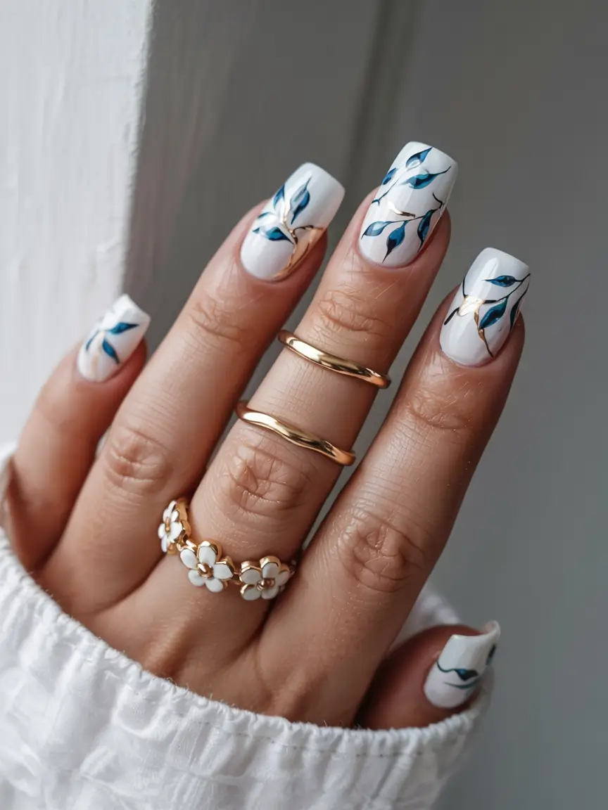 fall square nails 2025 Frosted White with Blue Leaves