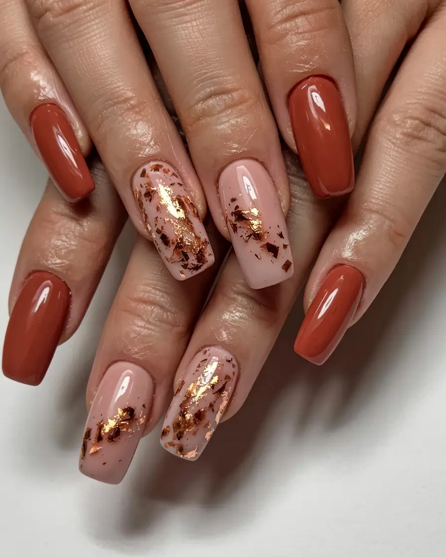 fall square nails 2025 Burnt Orange and Foil Fusion