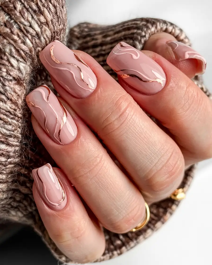 fall square nails 2025 Rose-Toned Swirls with Metallic Accents