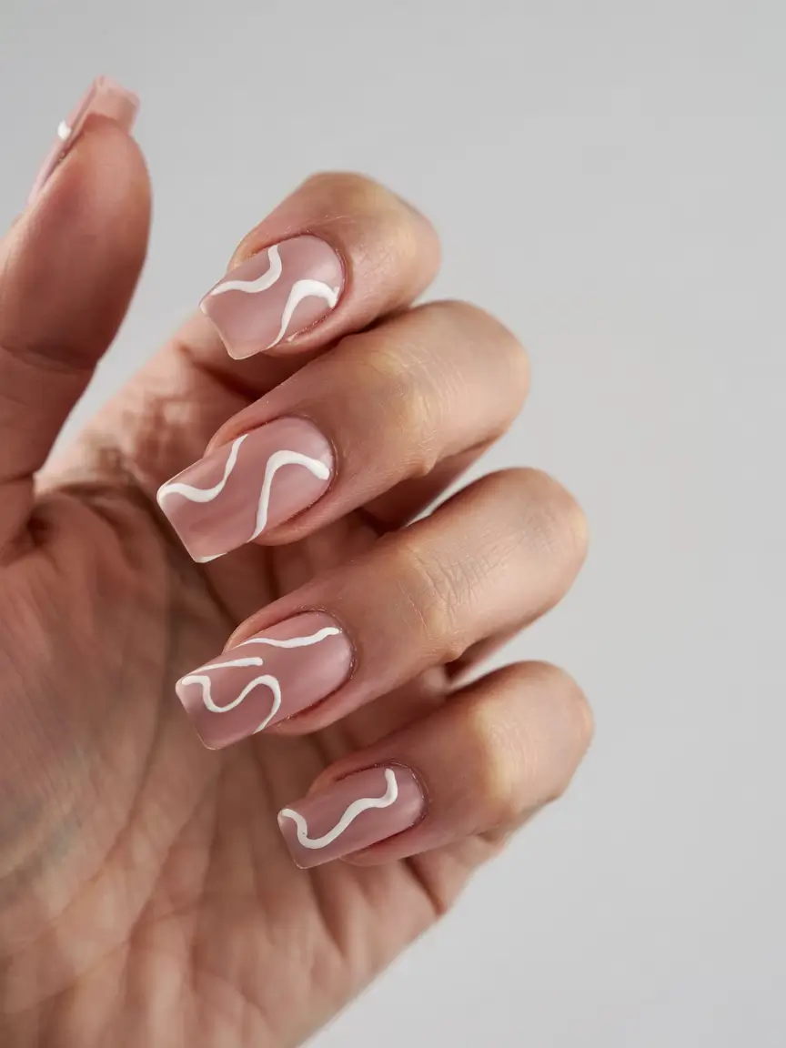 fall square nails 2025 White Swirl Minimalism