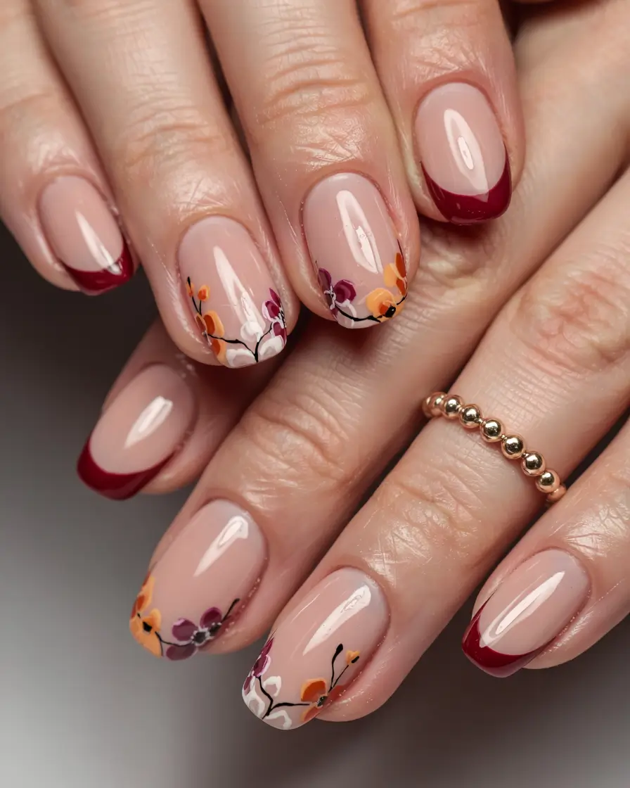 fall square nails 2025 Autumn Blossoms on Nude
